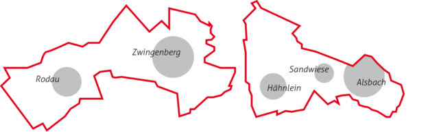 Grafik: Gemarkungsgrenzen der Statd Zwingenberg und der Gemeinde Alsbach-Hähnlein